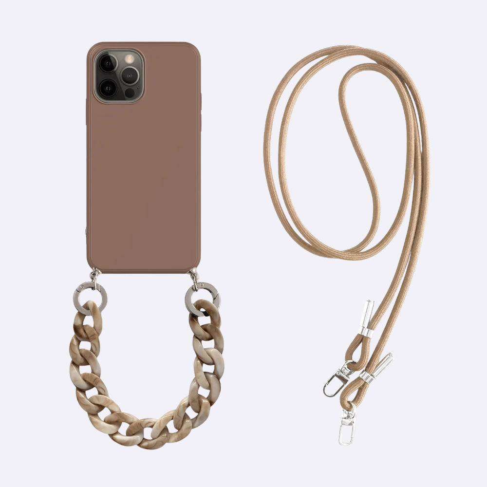 Brown Phone Case + Marble Chain & Crossbody Strap