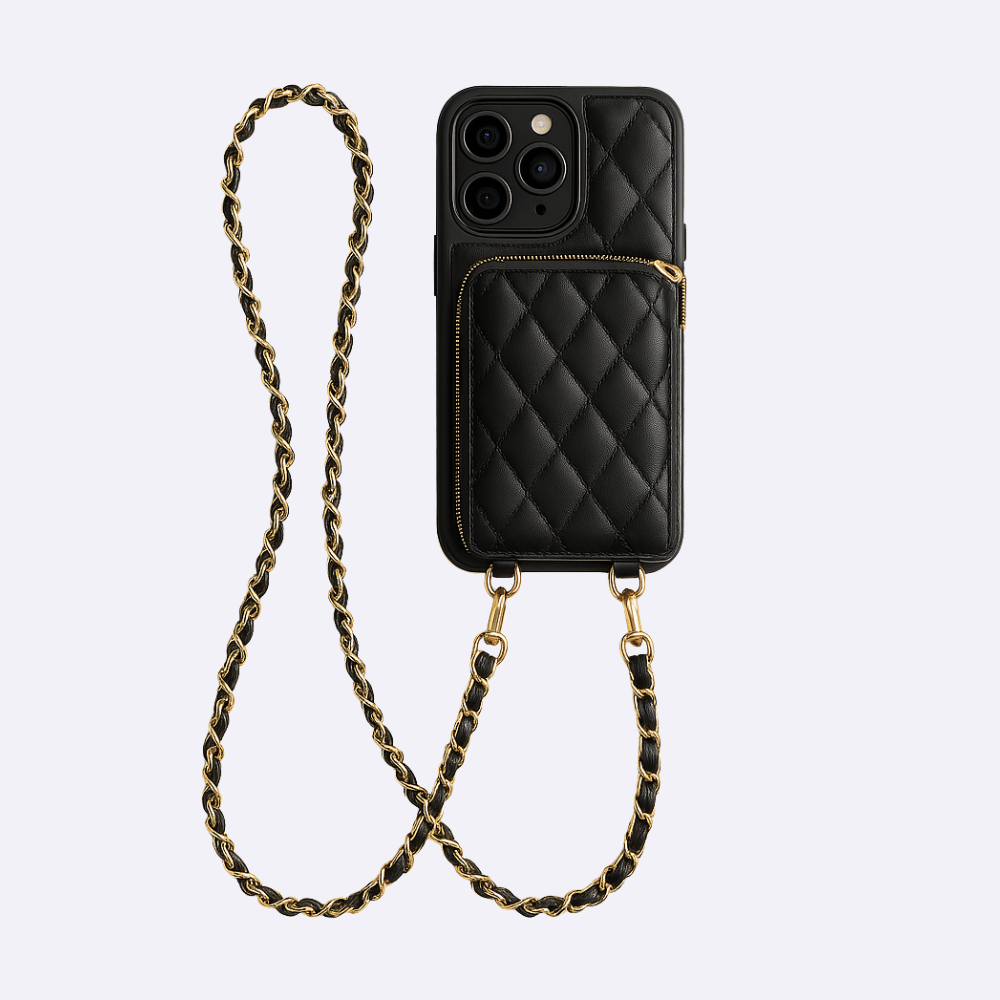 Black Leather Phone Case + Zipper Wallet & Faux Leather Crossbody Strap