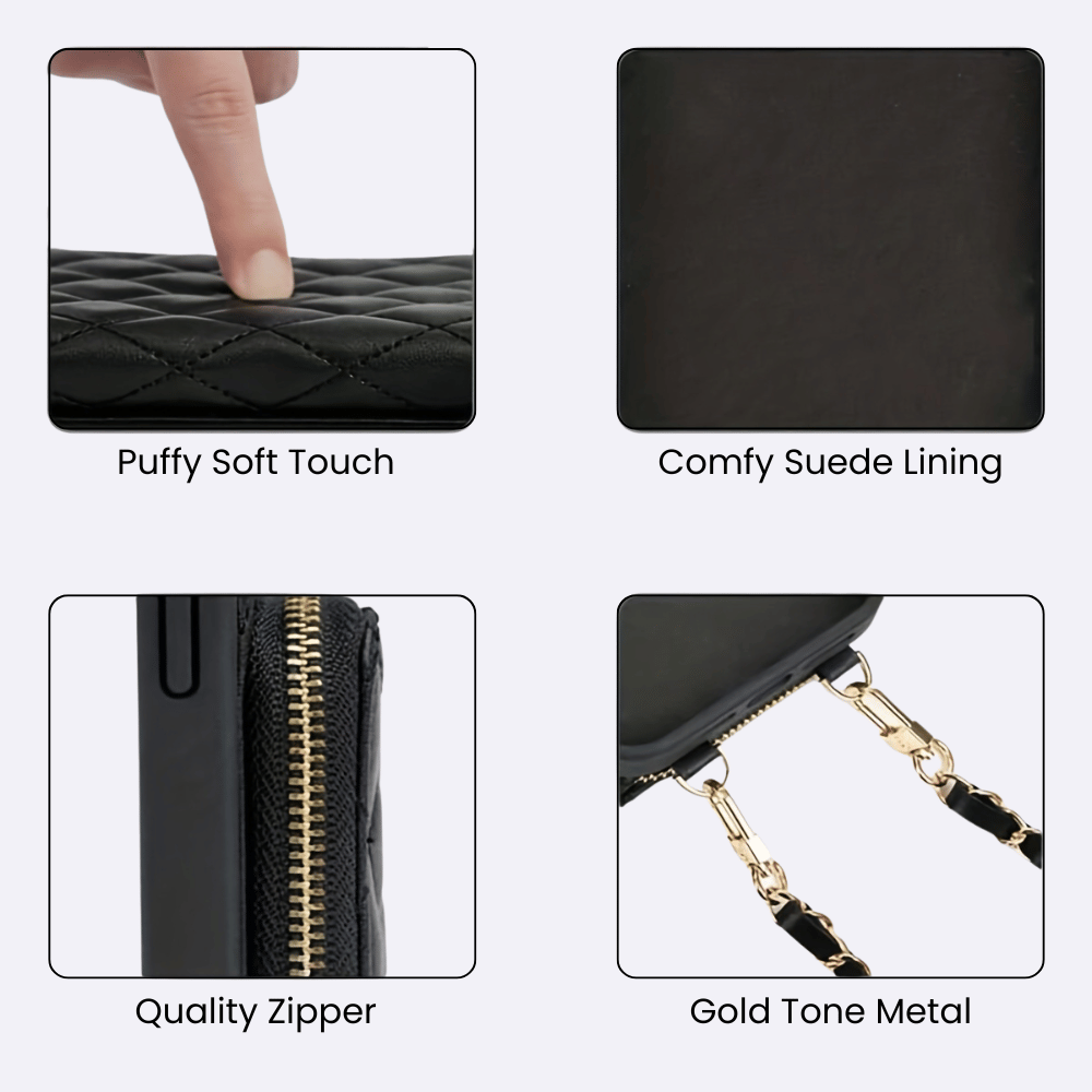 Black Leather Phone Case + Zipper Wallet & Faux Leather Crossbody Strap