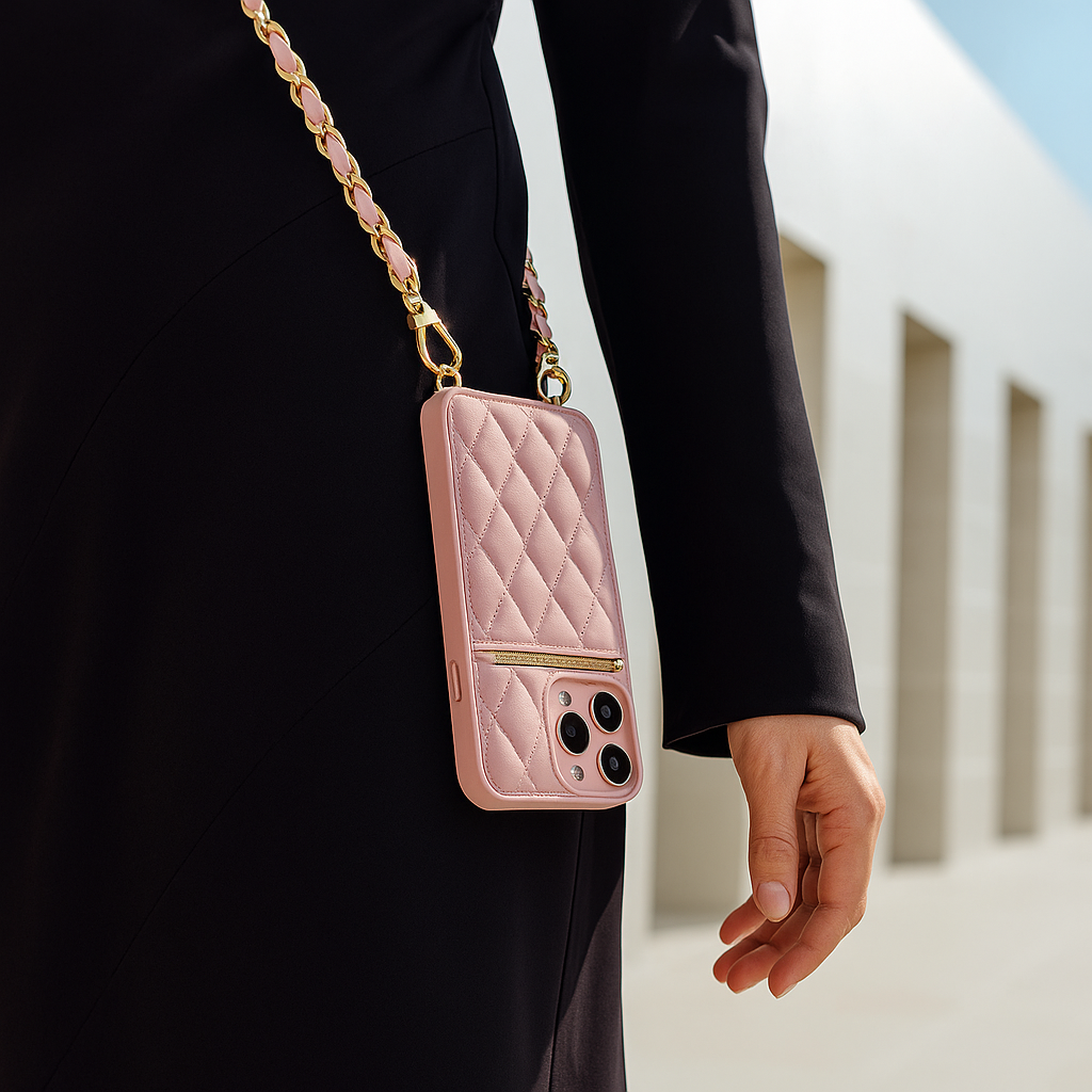 Pink Leather Phone Case + Zipper Wallet & Faux Leather Crossbody Strap