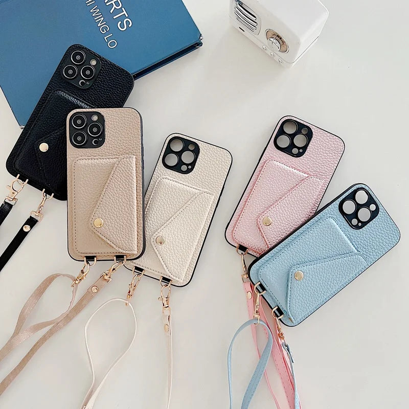 Pink Leather Wallet Phone Case + Card Holder & Crossbody Strap