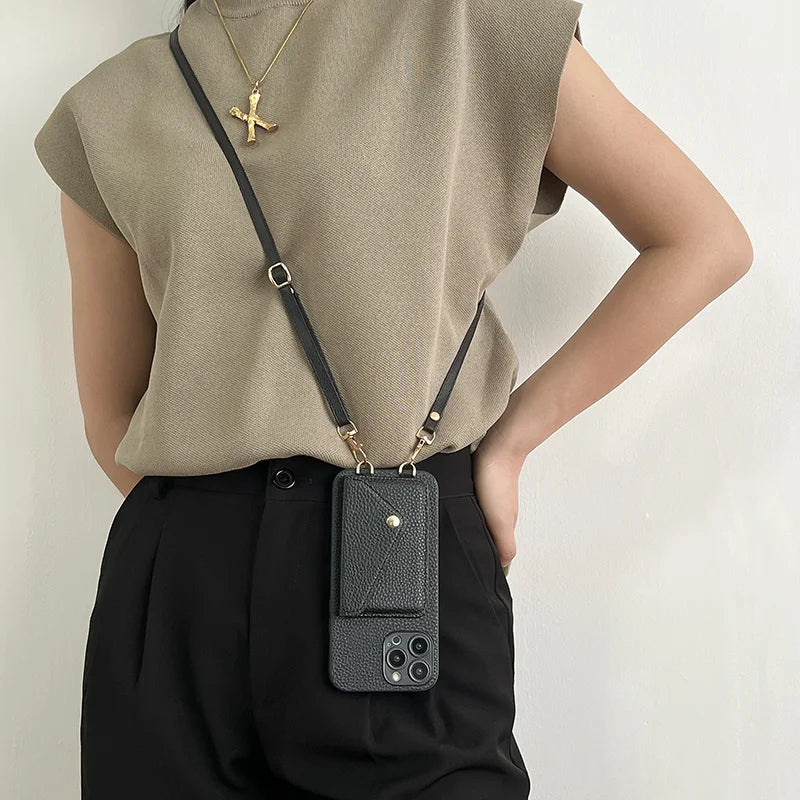 Black Leather Wallet Phone Case + Card Holder & Crossbody Strap