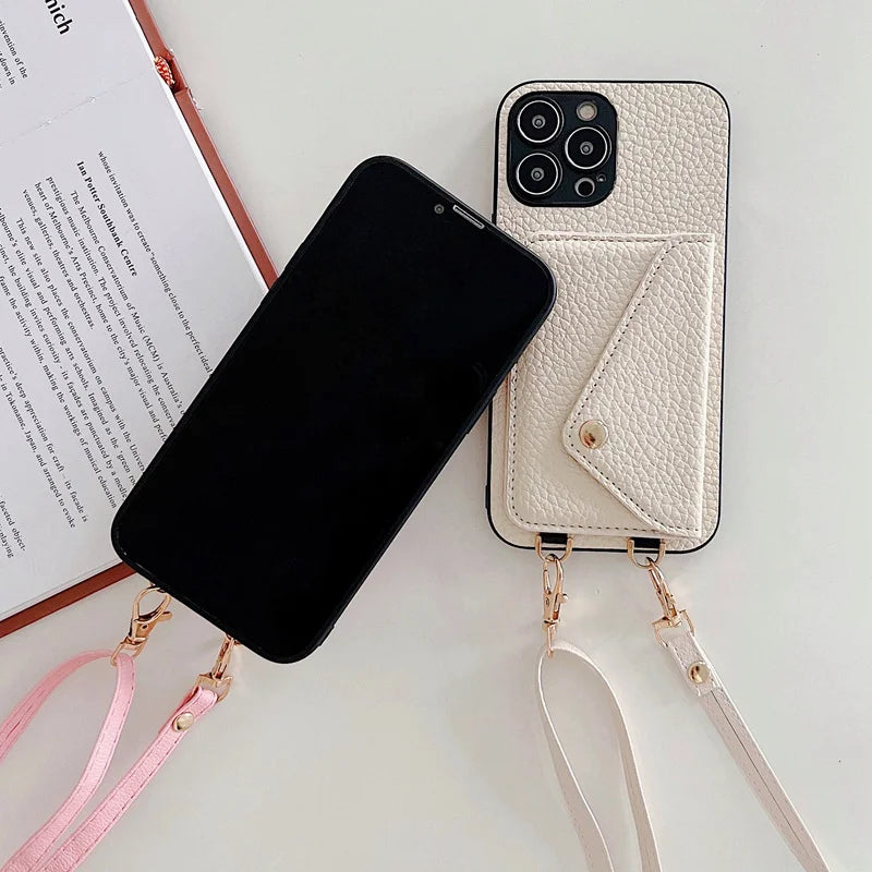 Black Leather Wallet Phone Case + Card Holder & Crossbody Strap