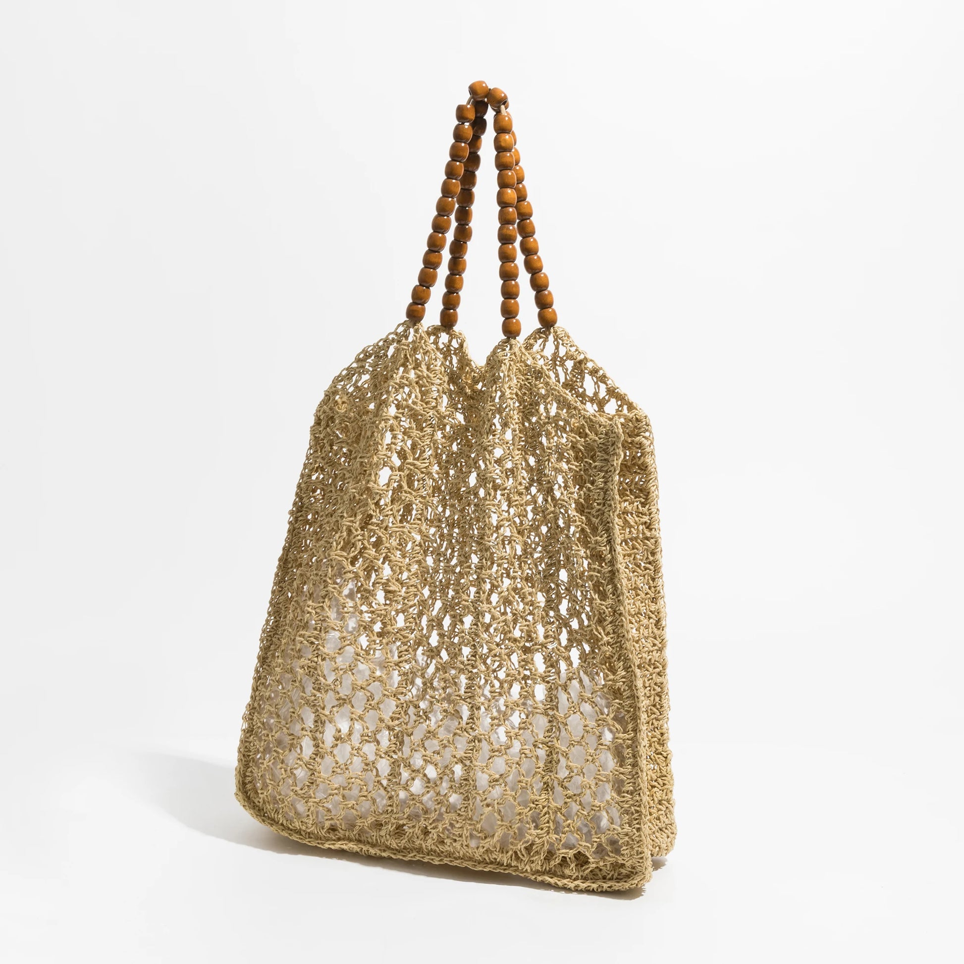 Beading Handle Straw Mesh Beach Tote Bag Hollow Out Fishing Net Square Shoulder Purse Large Daypack - Vennus