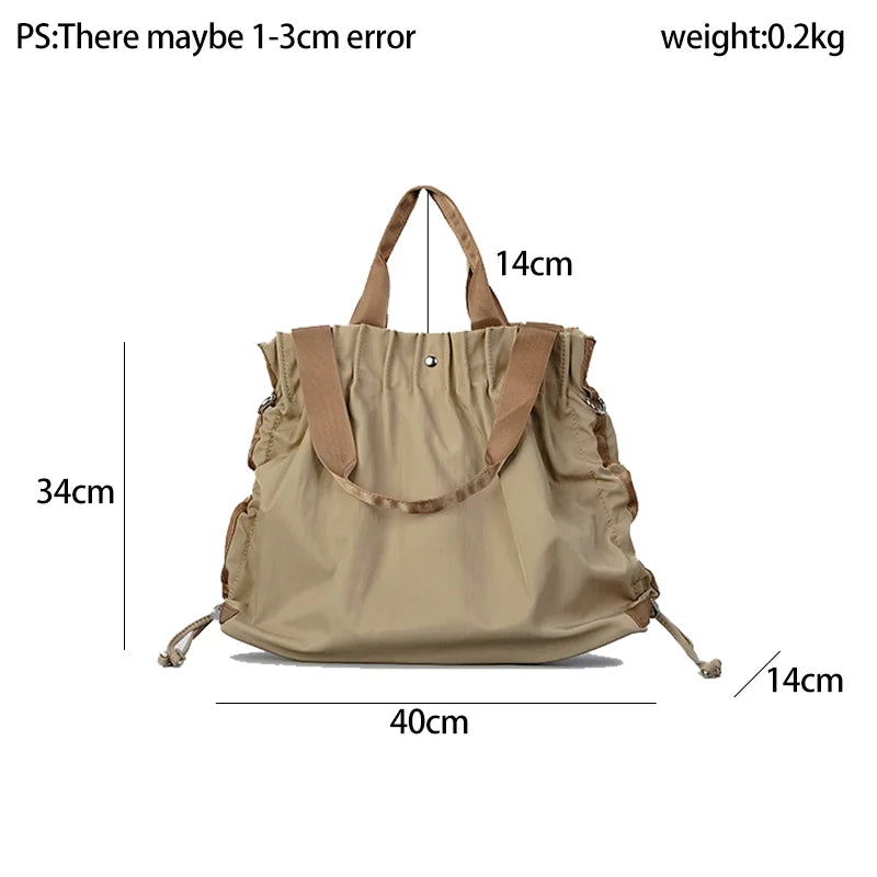 Pleated Square Shoulder Shopping Bag Nylon Lightweight Drawstring Design Simple Casual Tote Handbag - Vennus