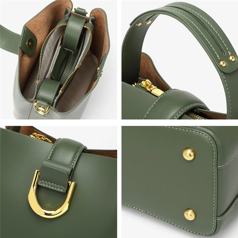 Cowhide Genuine Leather Bucket Shoulder Crossbody Bag - Vennus