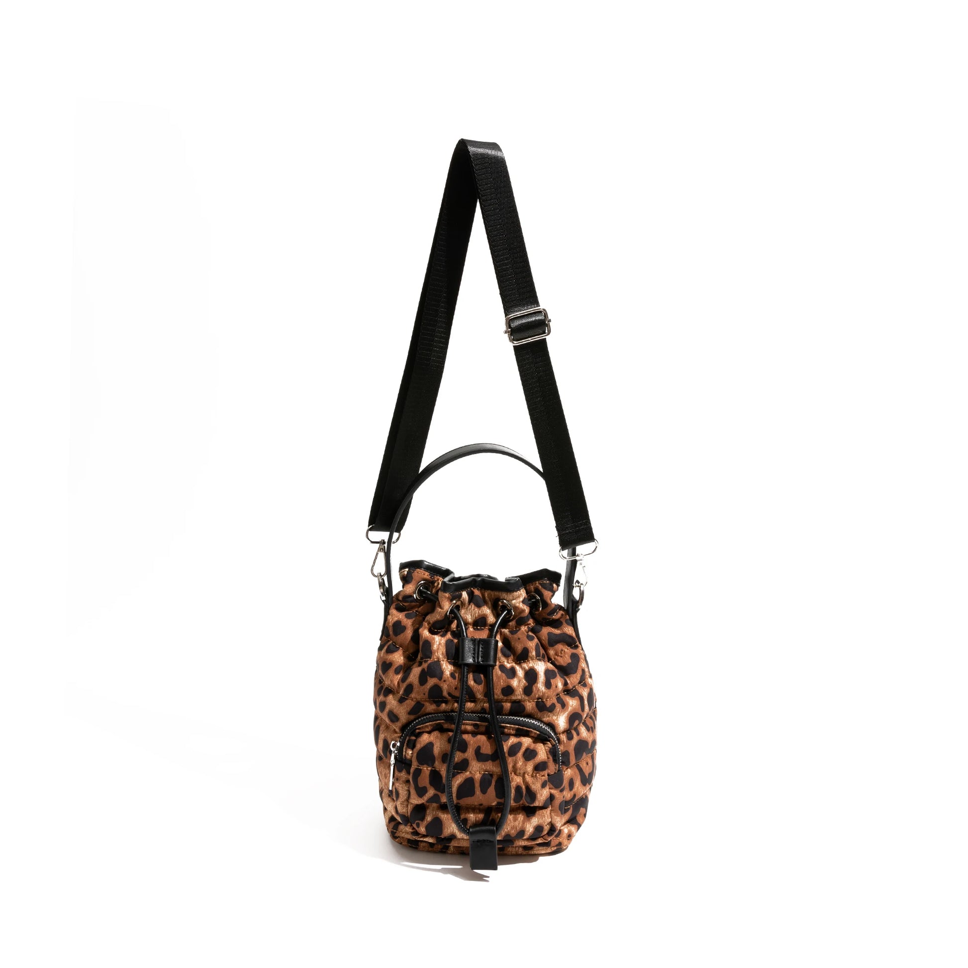 Vintage Leopard Pattern Bucket Bag Multi-pocket Design Nylon Cotton Fabric Shoulder Small Drawstring - Vennus