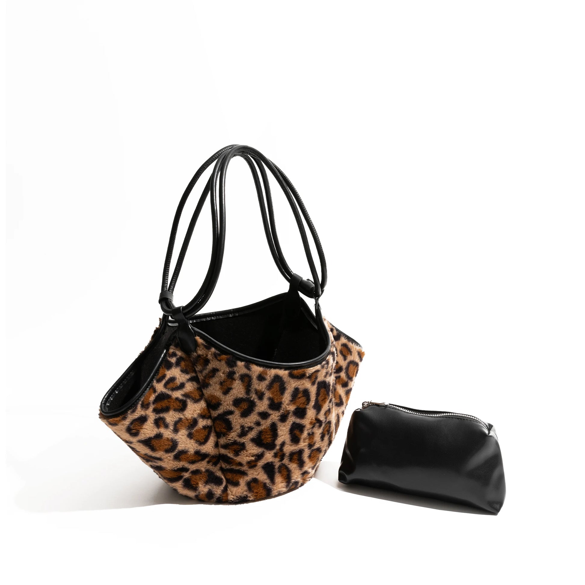 Winter Retro Leopard Pattern Bucket Handbag Set Luxury 2PCS Shoulder Bag with Large Capacity - Vennus