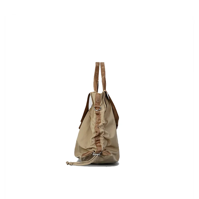 Pleated Square Shoulder Shopping Bag Nylon Lightweight Drawstring Design Simple Casual Tote Handbag - Vennus