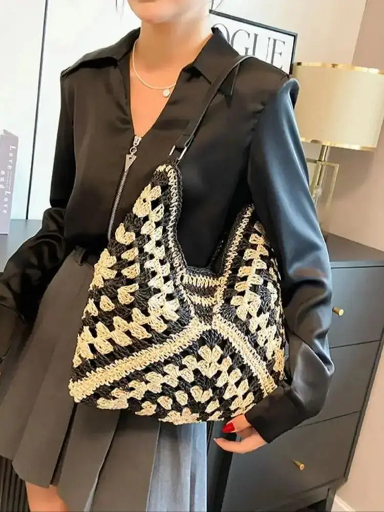 Weave Beach Handbag Summer Bohemian Straw Hobo Shoulder Purse Fashion Vacation Large Capacity Purse - Vennus