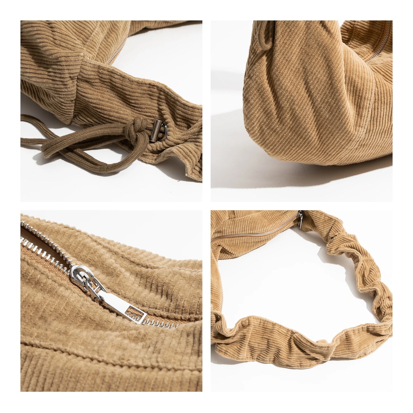 Soft Corduroy Hobo Stylish Lady Handbag Pleated Drawstring Strap Design Retro Shoulder Bag - Vennus