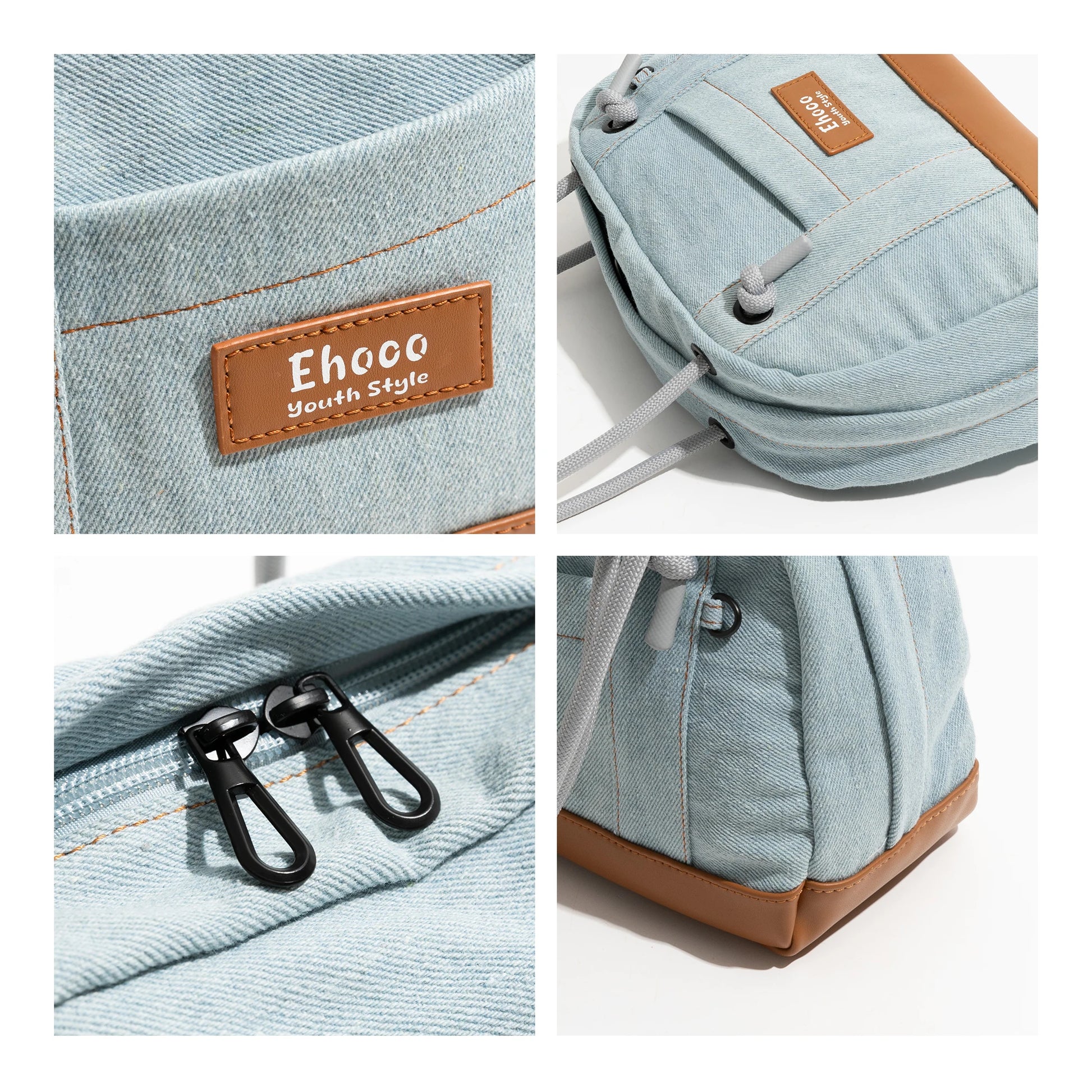 Vintage Fashion Denim Canvas Tote Handbag Drawstring Strap Design Simple Casual Shoulder Bag Boston Medium Purse - Vennus