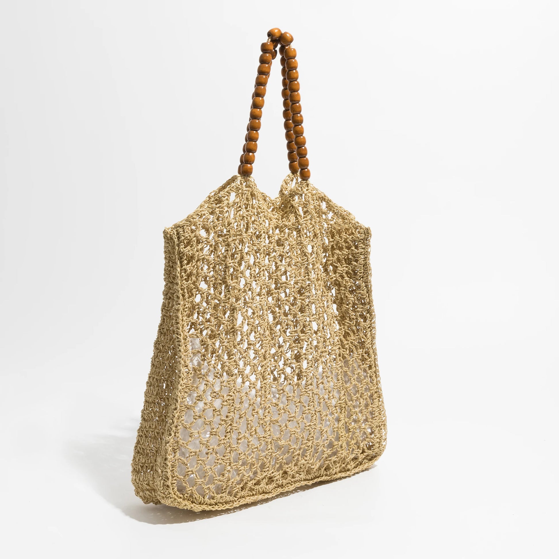 Beading Handle Straw Mesh Beach Tote Bag Hollow Out Fishing Net Square Shoulder Purse Large Daypack - Vennus