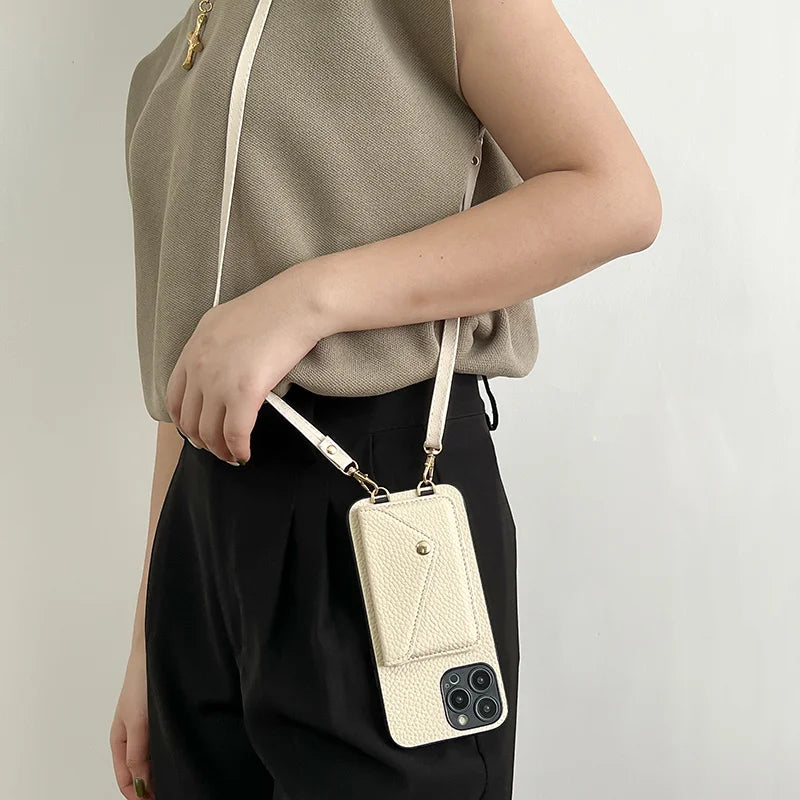 Beige Leather Wallet Phone Case + Card Holder & Crossbody Strap