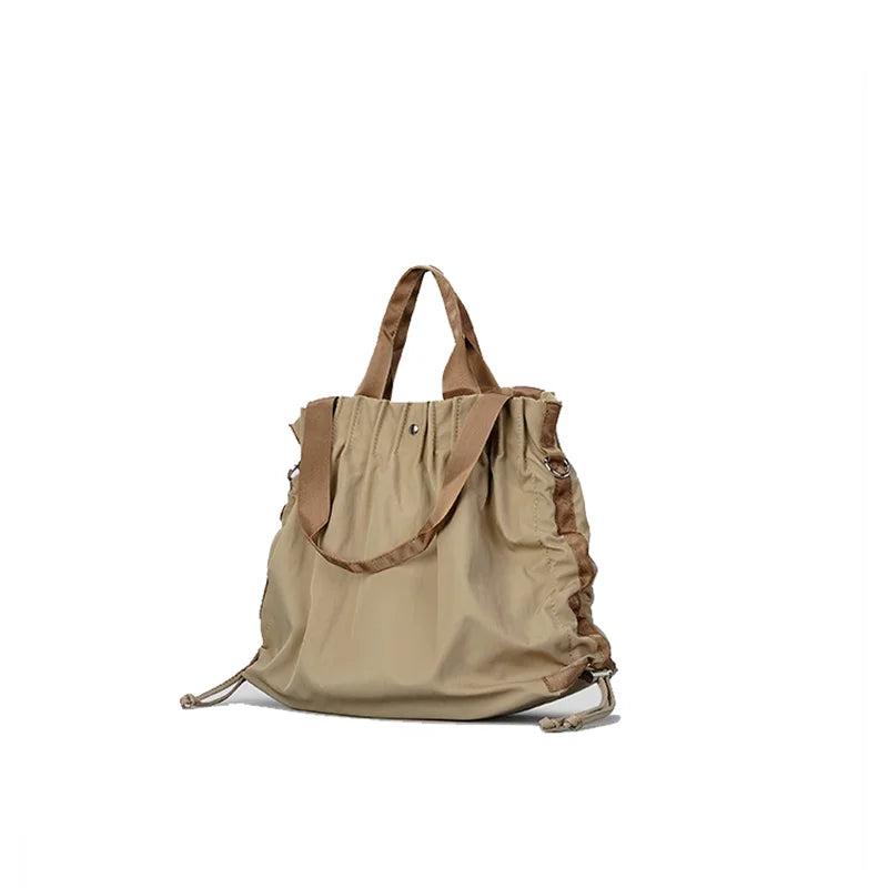 Pleated Square Shoulder Shopping Bag Nylon Lightweight Drawstring Design Simple Casual Tote Handbag - Vennus
