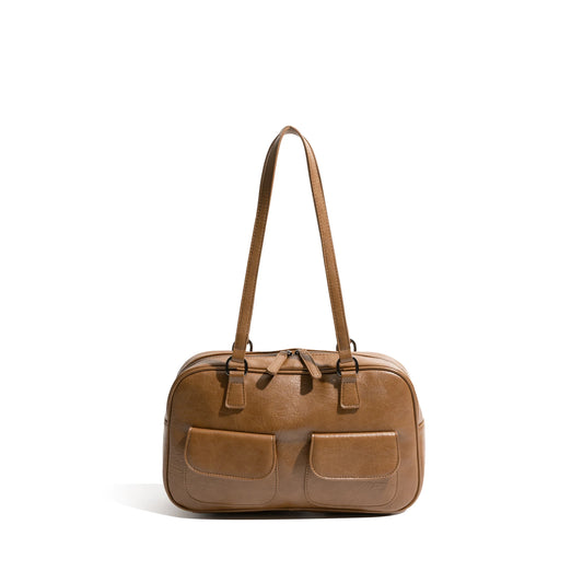 Vintage PU Leather Versatile Bowling Bag Multi-pocket Underarm Shoulder Boston Large Bag - Vennus