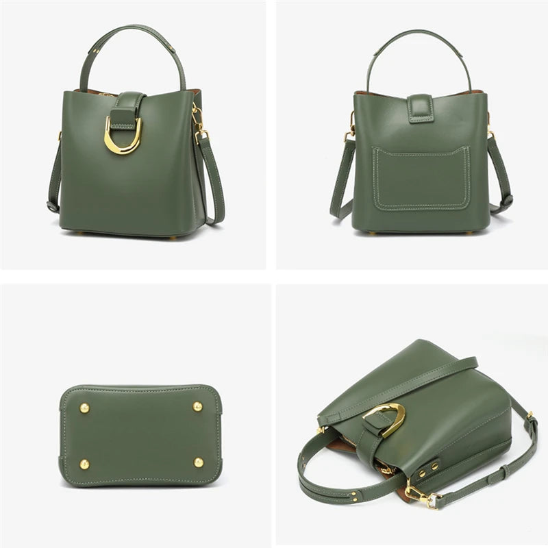 Cowhide Genuine Leather Bucket Shoulder Crossbody Bag - Vennus