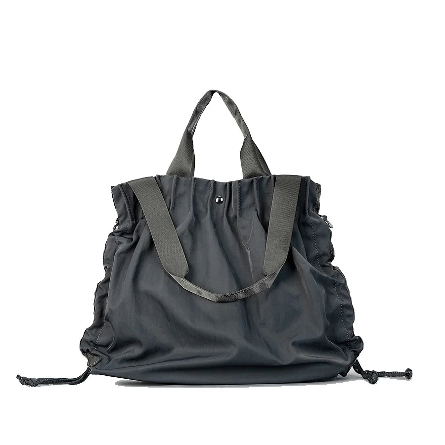 Pleated Square Shoulder Shopping Bag Nylon Lightweight Drawstring Design Simple Casual Tote Handbag - Vennus