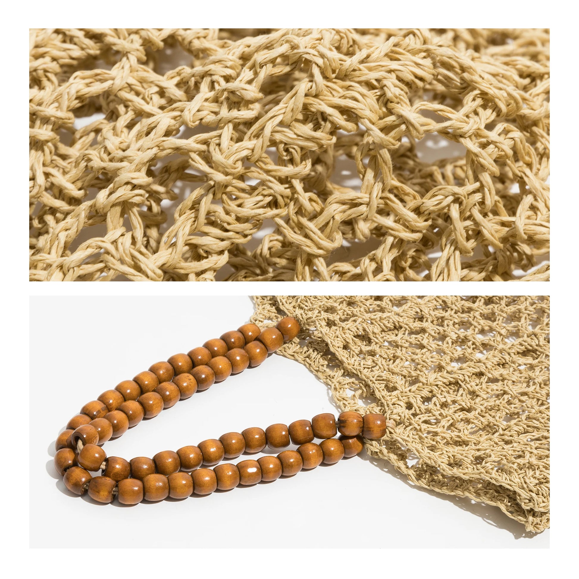 Beading Handle Straw Mesh Beach Tote Bag Hollow Out Fishing Net Square Shoulder Purse Large Daypack - Vennus