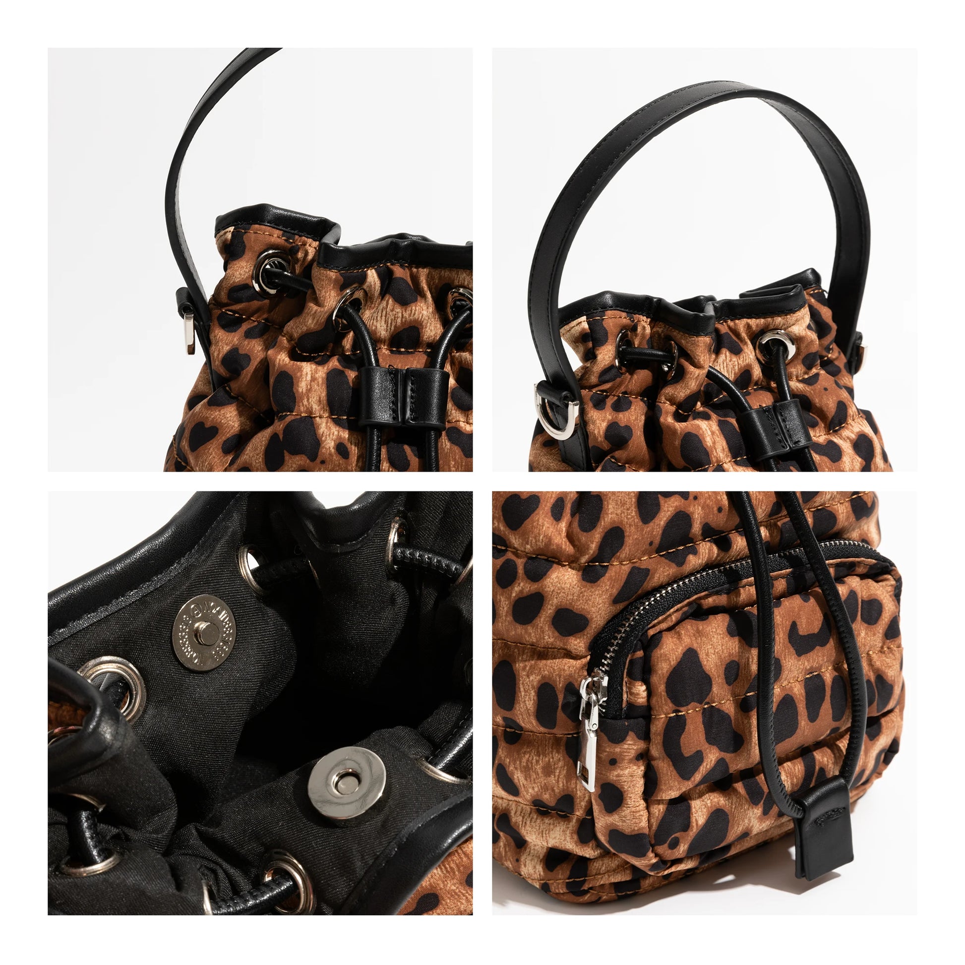 Vintage Leopard Pattern Bucket Bag Multi-pocket Design Nylon Cotton Fabric Shoulder Small Drawstring - Vennus
