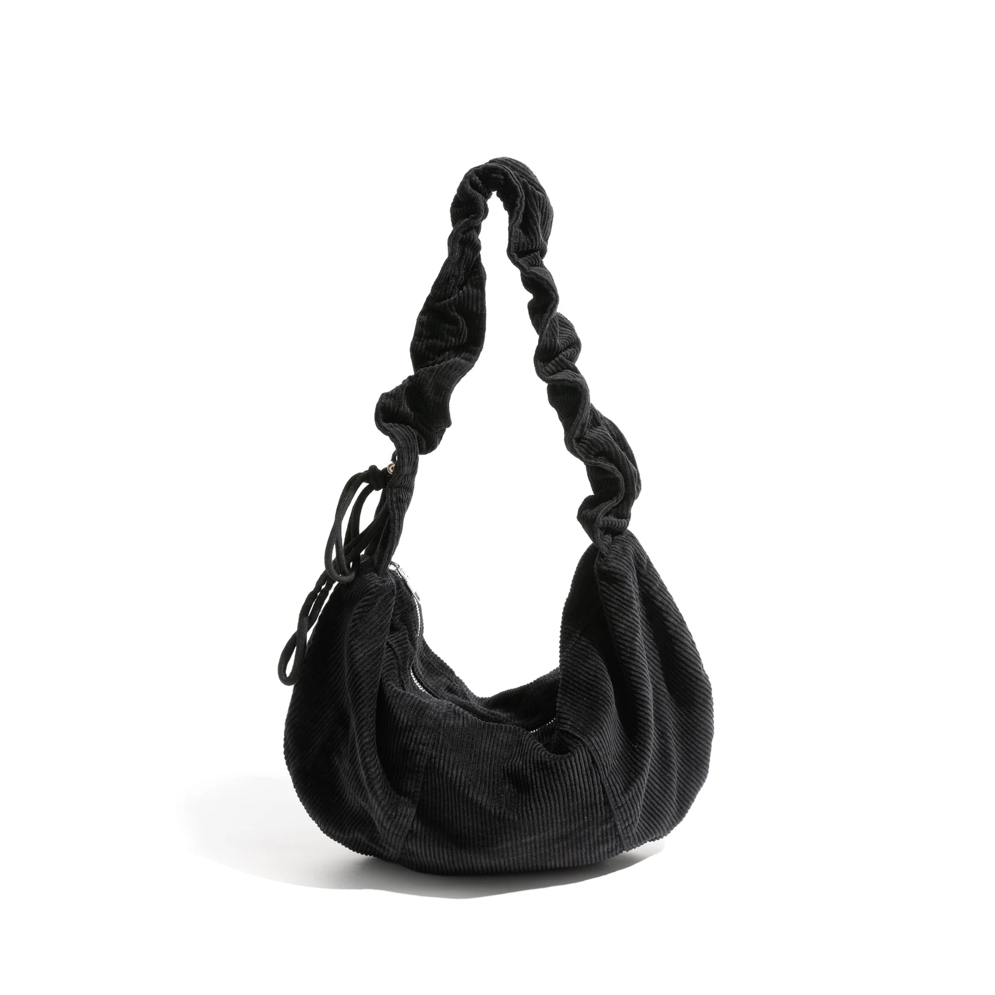 Soft Corduroy Hobo Stylish Lady Handbag Pleated Drawstring Strap Design Retro Shoulder Bag - Vennus