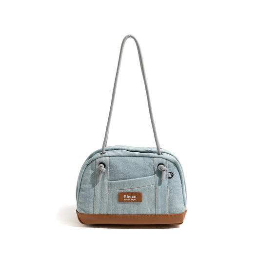 Vintage Fashion Denim Canvas Tote Handbag Drawstring Strap Design Simple Casual Shoulder Bag Boston Medium Purse - Vennus