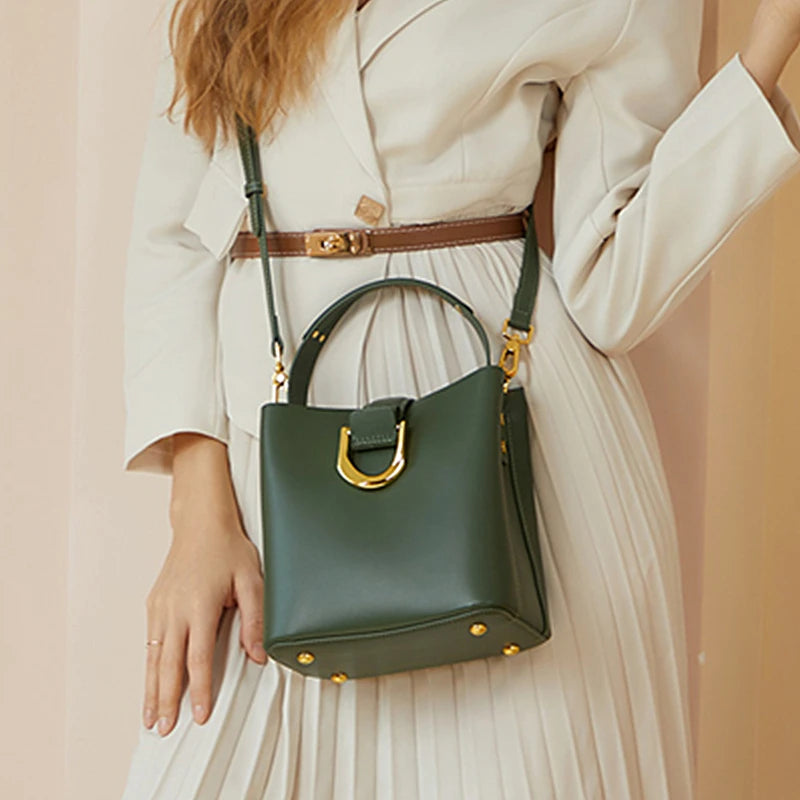 Cowhide Genuine Leather Bucket Shoulder Crossbody Bag - Vennus