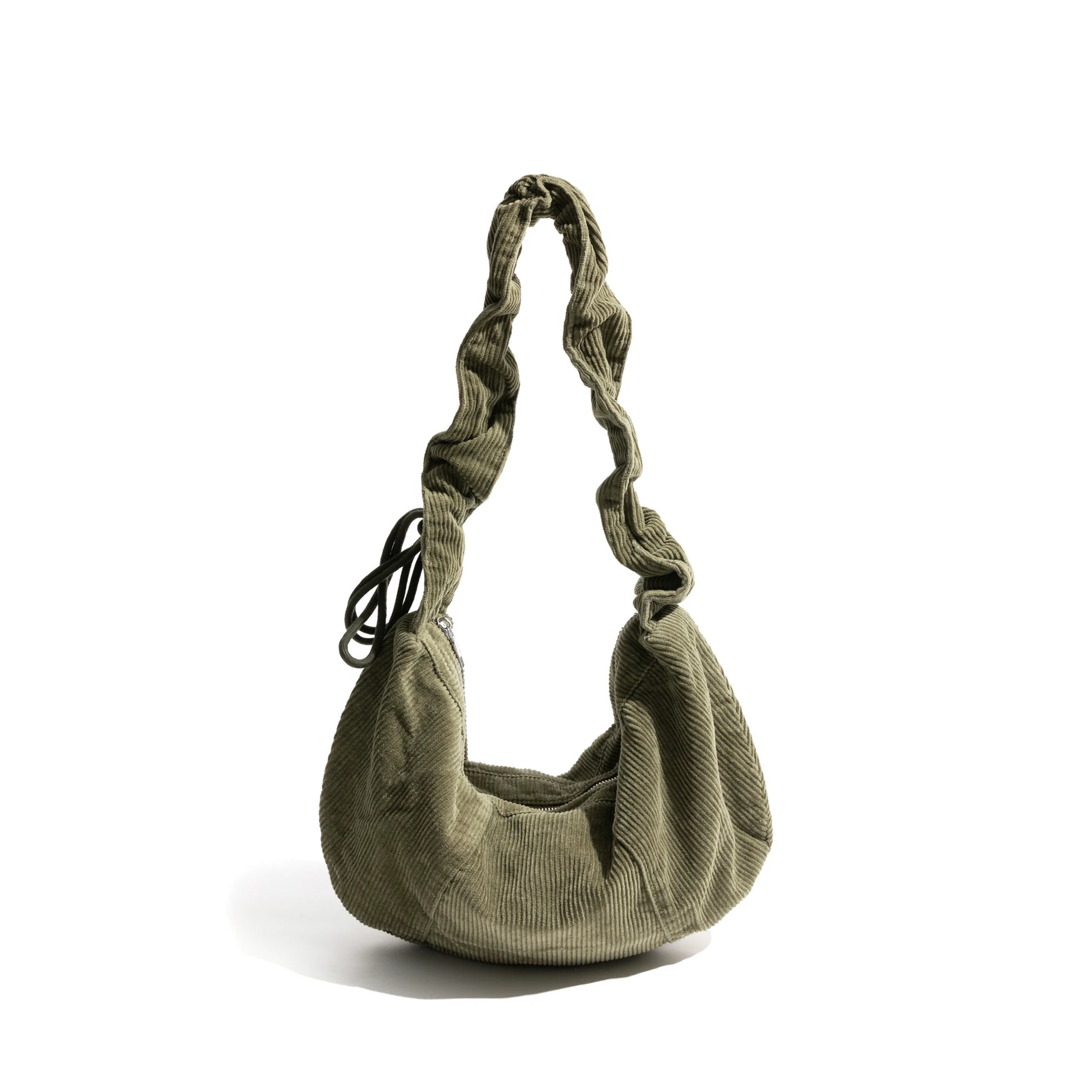 Soft Corduroy Hobo Stylish Lady Handbag Pleated Drawstring Strap Design Retro Shoulder Bag - Vennus