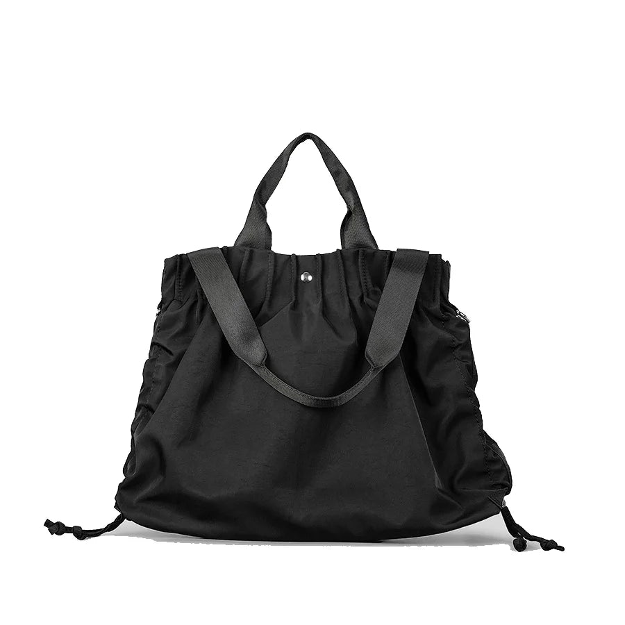 Pleated Square Shoulder Shopping Bag Nylon Lightweight Drawstring Design Simple Casual Tote Handbag - Vennus