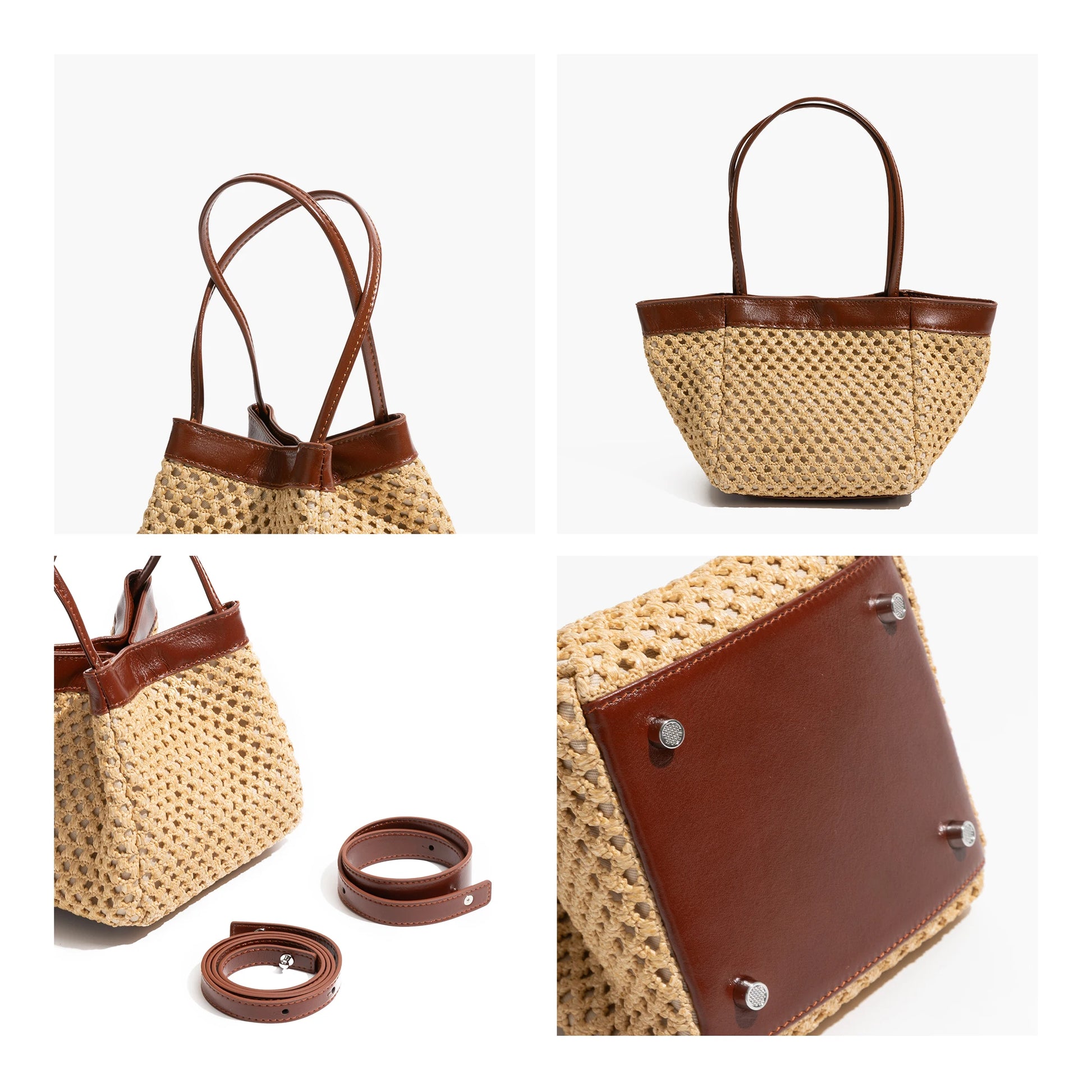 Straw Bucket Bag Handmade Beach Travel Handbag Shoulder Bag Crossbody Bohemia Medium Purse - Vennus