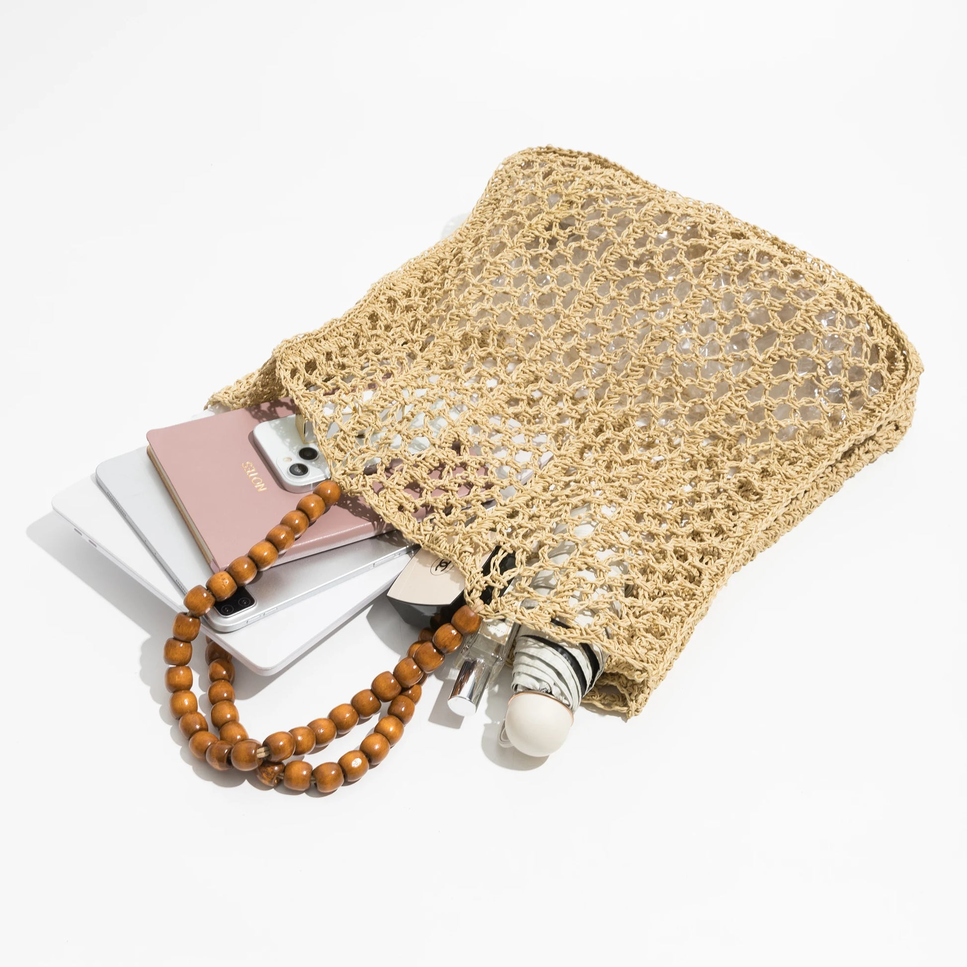 Beading Handle Straw Mesh Beach Tote Bag Hollow Out Fishing Net Square Shoulder Purse Large Daypack - Vennus