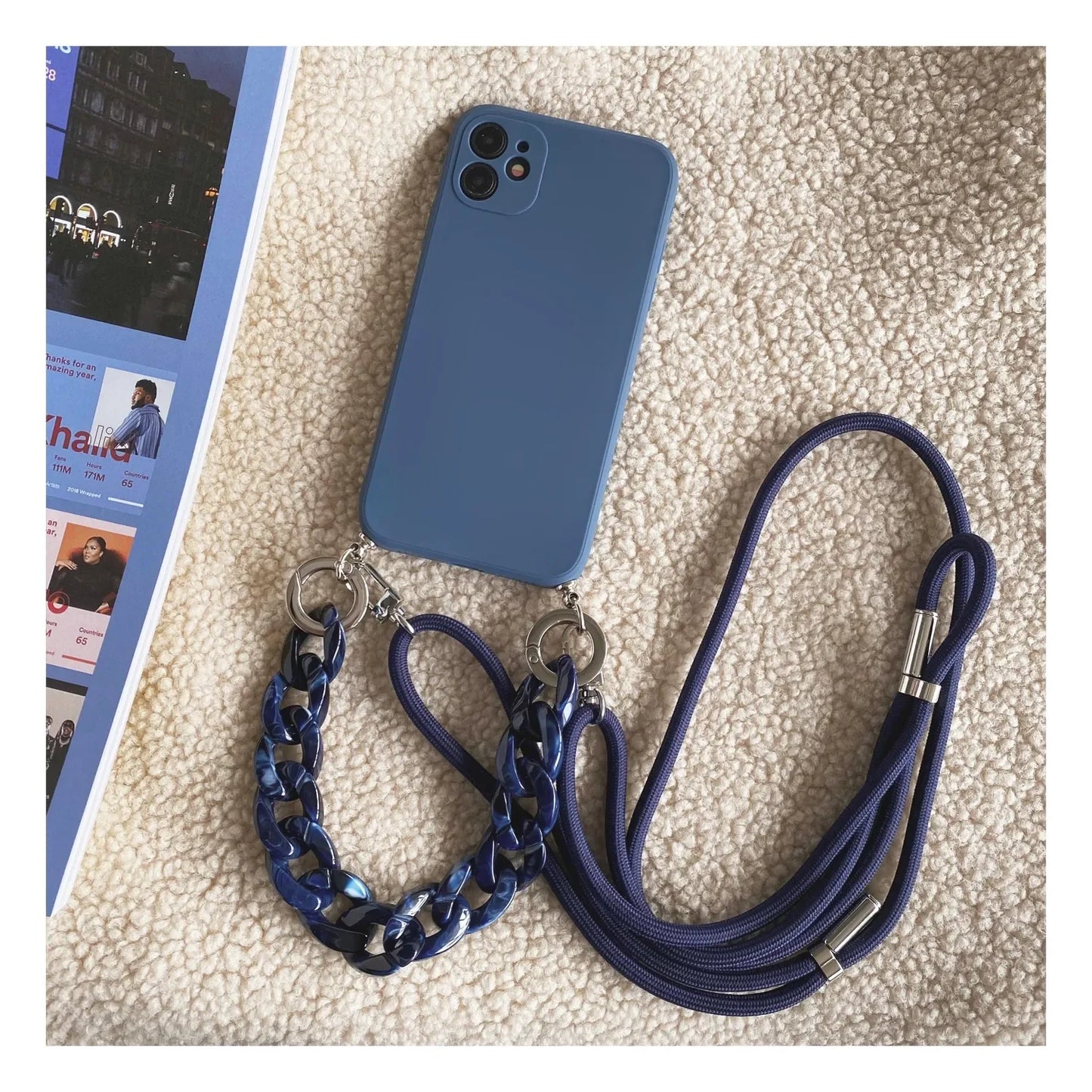 Navy Phone Case + Marble Chain & Crossbody Strap