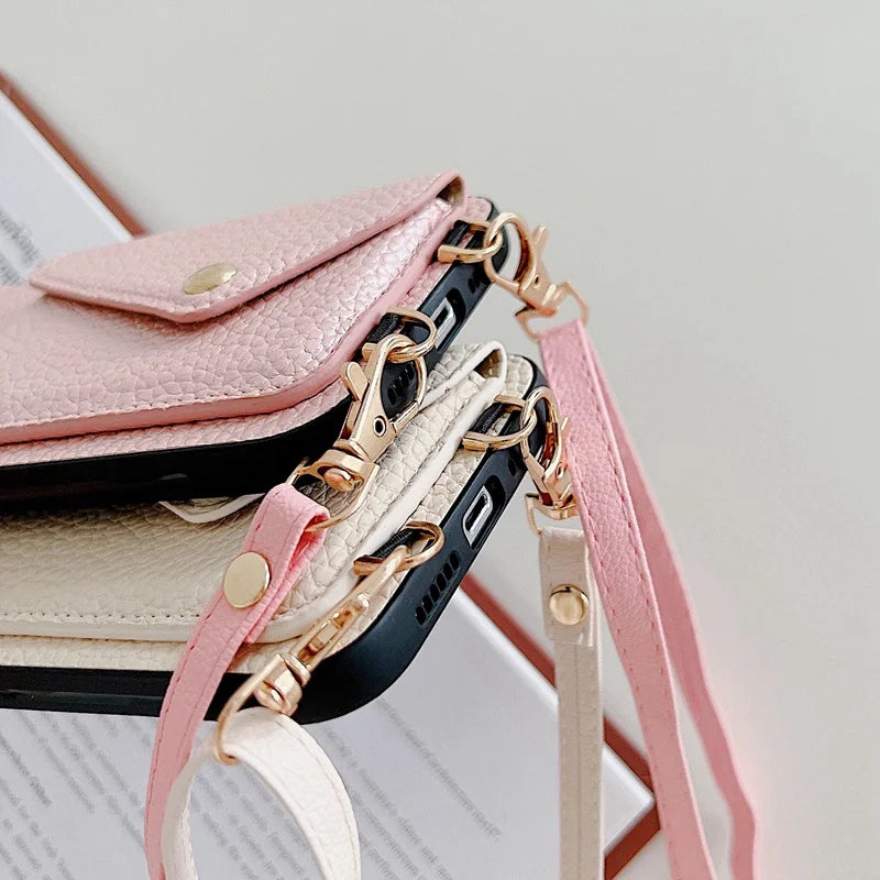 Black Leather Wallet Phone Case + Card Holder & Crossbody Strap