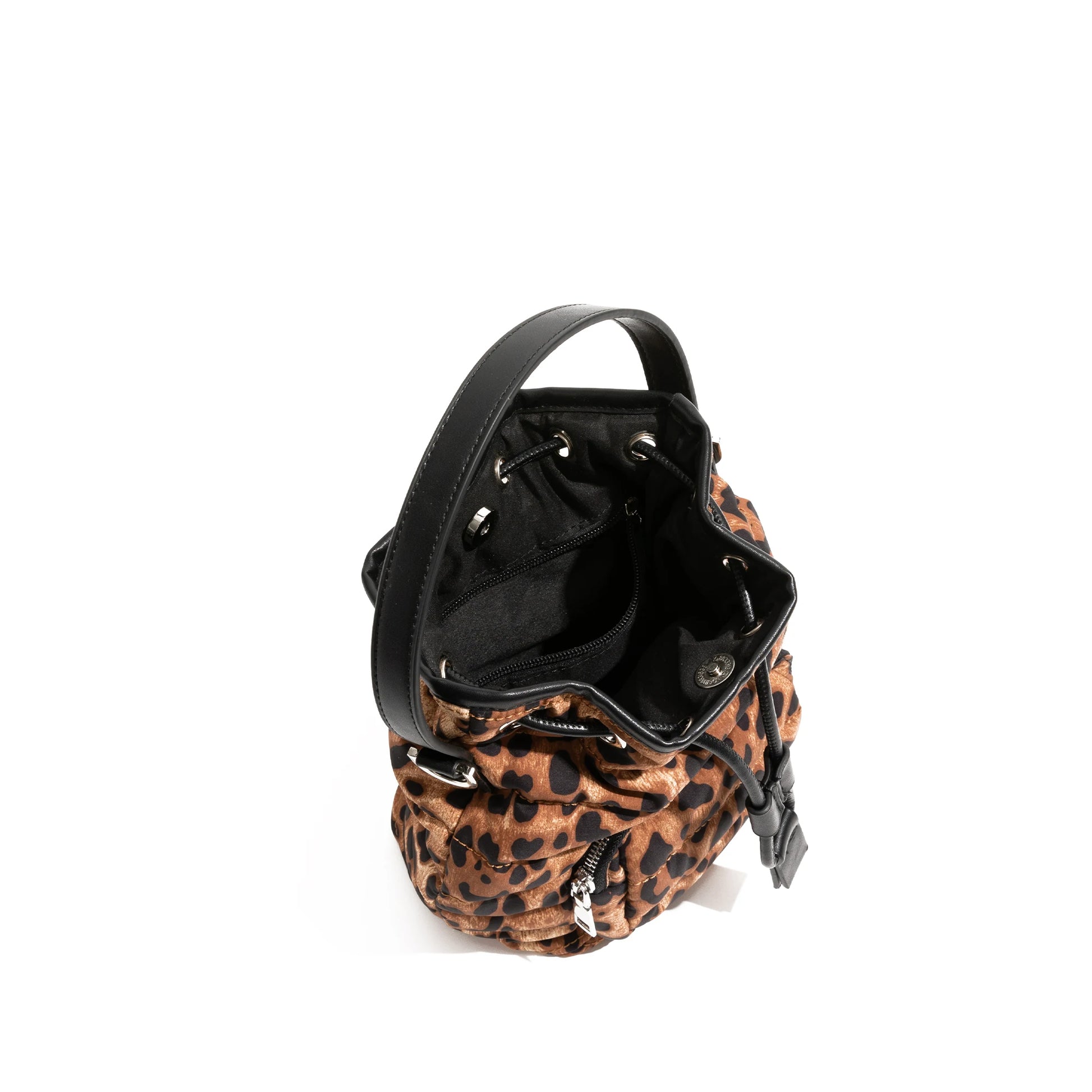 Vintage Leopard Pattern Bucket Bag Multi-pocket Design Nylon Cotton Fabric Shoulder Small Drawstring - Vennus