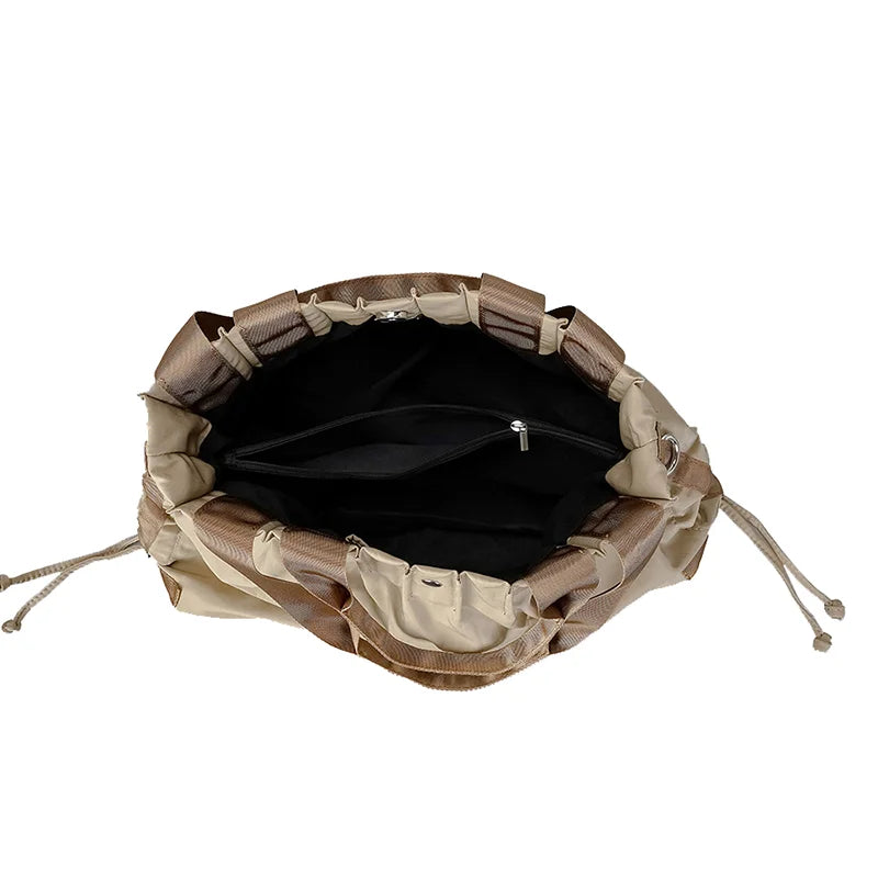 Pleated Square Shoulder Shopping Bag Nylon Lightweight Drawstring Design Simple Casual Tote Handbag - Vennus