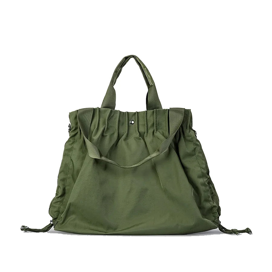 Pleated Square Shoulder Shopping Bag Nylon Lightweight Drawstring Design Simple Casual Tote Handbag - Vennus