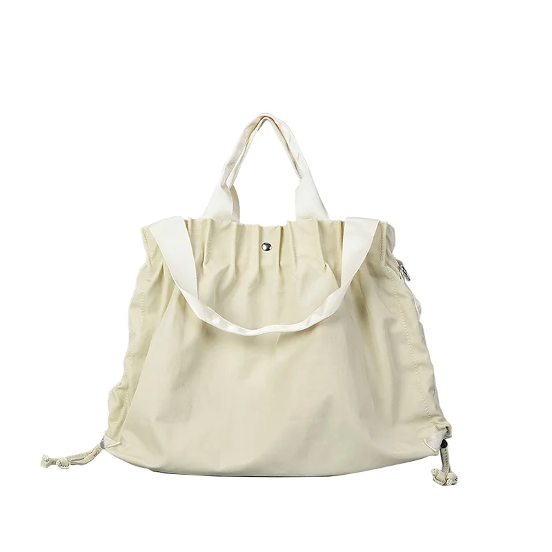 Pleated Square Shoulder Shopping Bag Nylon Lightweight Drawstring Design Simple Casual Tote Handbag - Vennus