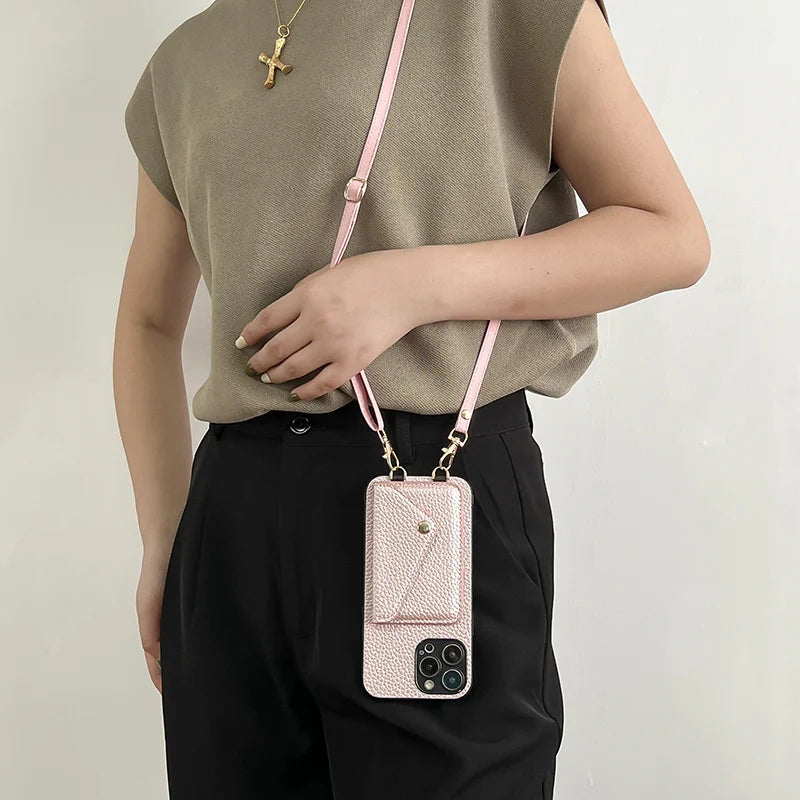 Pink Leather Wallet Phone Case + Card Holder & Crossbody Strap