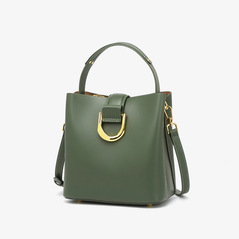 Cowhide Genuine Leather Bucket Shoulder Crossbody Bag - Vennus