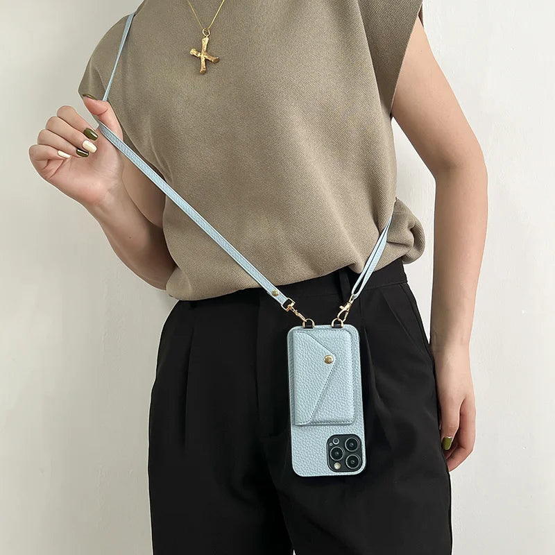 Blue Leather Wallet Phone Case + Card Holder & Crossbody Strap