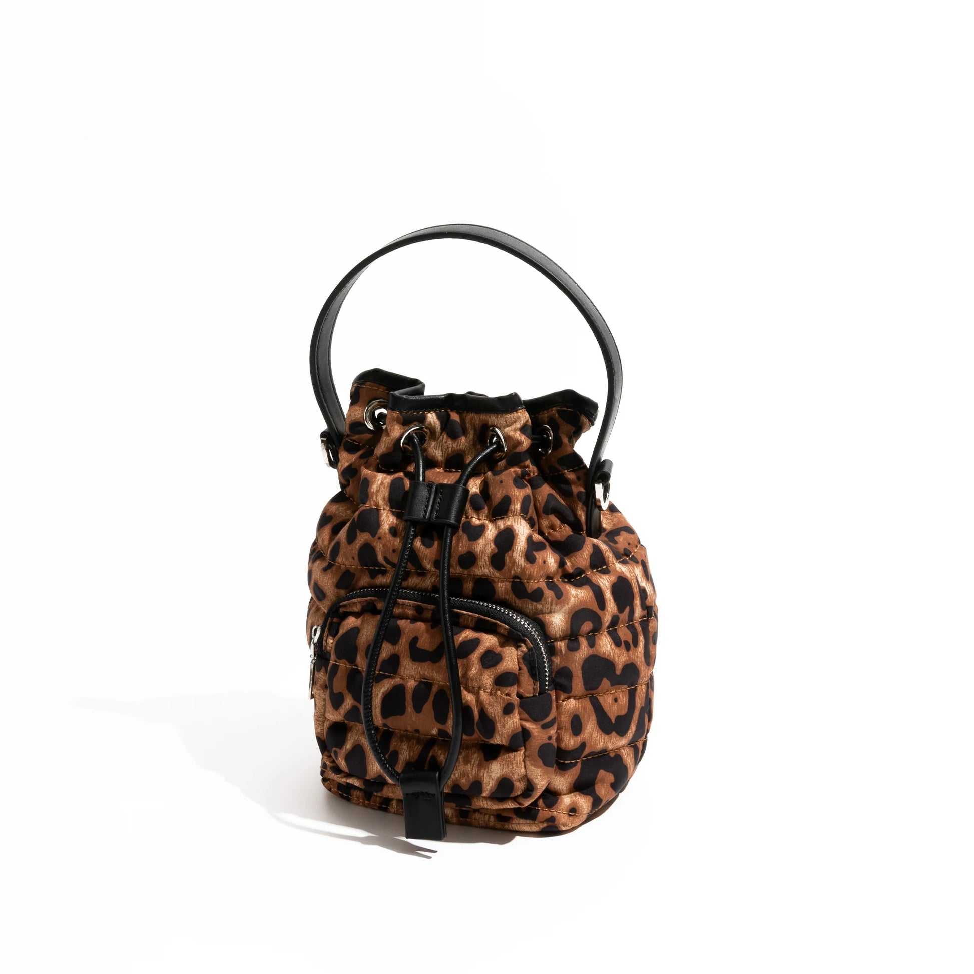 Vintage Leopard Pattern Bucket Bag Multi-pocket Design Nylon Cotton Fabric Shoulder Small Drawstring - Vennus