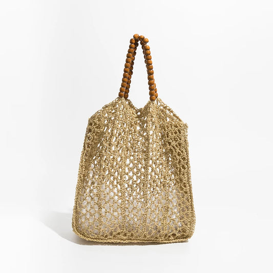 Beading Handle Straw Mesh Beach Tote Bag Hollow Out Fishing Net Square Shoulder Purse Large Daypack - Vennus