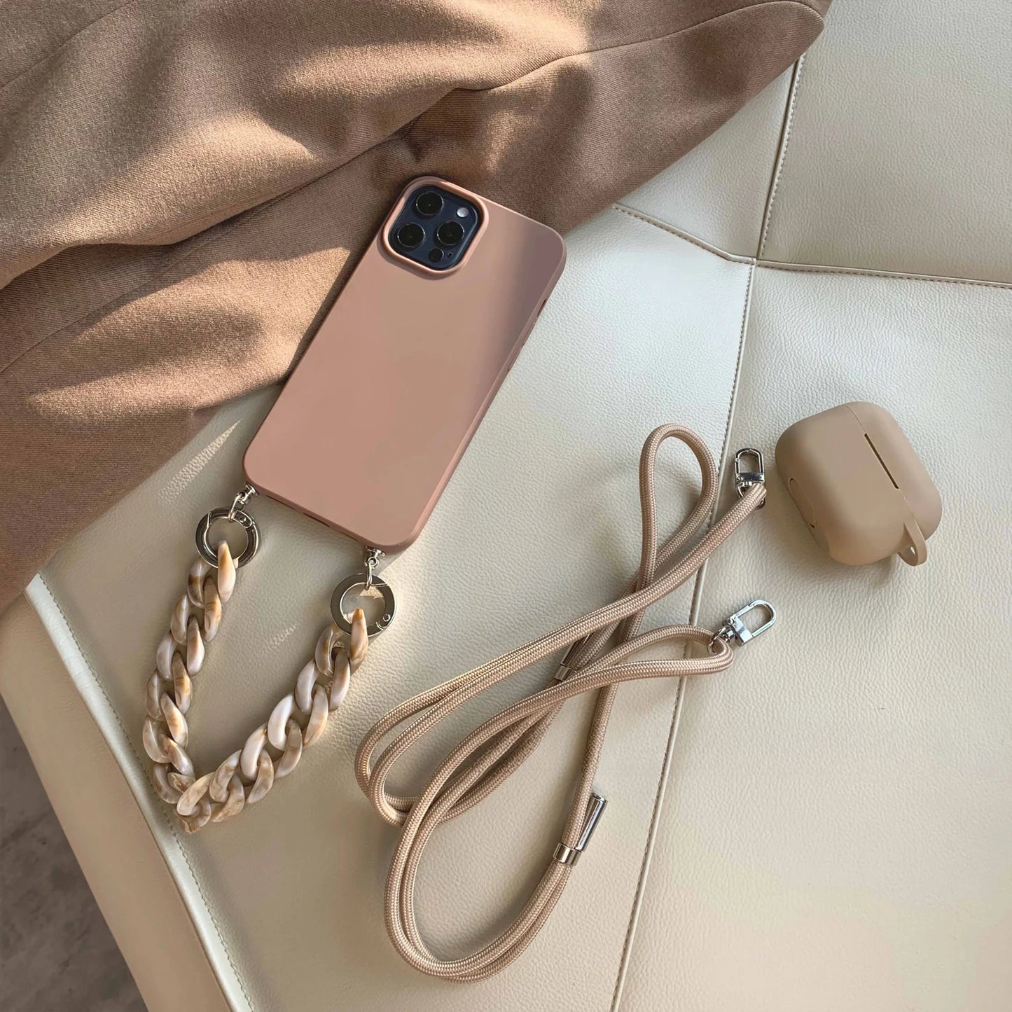 Brown Phone Case + Marble Chain & Crossbody Strap