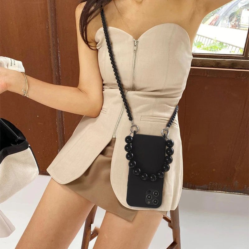 Black Phone Case + Black Spheres Chain & Crossbody Strap
