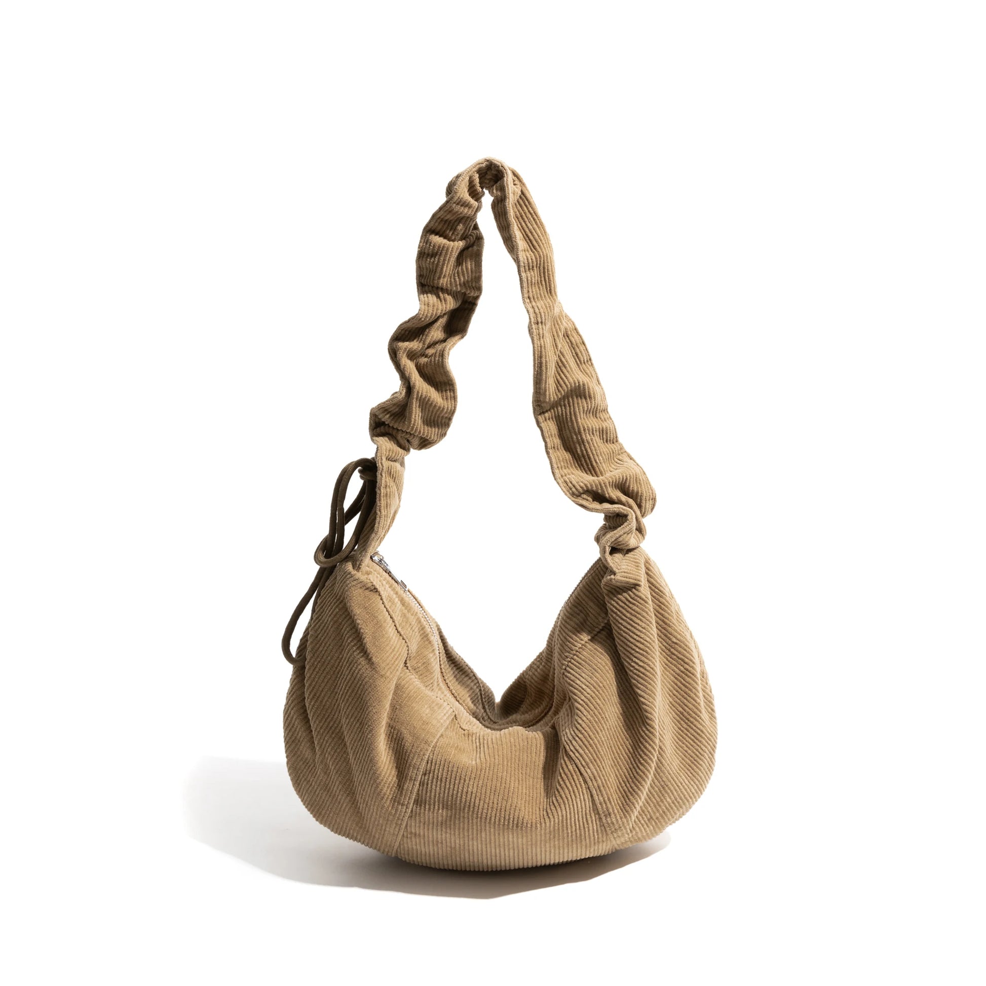 Soft Corduroy Hobo Stylish Lady Handbag Pleated Drawstring Strap Design Retro Shoulder Bag - Vennus