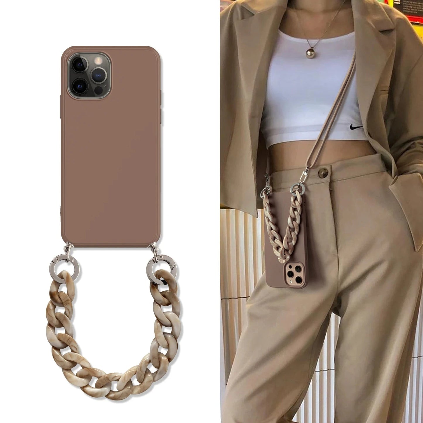 Brown Phone Case + Marble Chain & Crossbody Strap