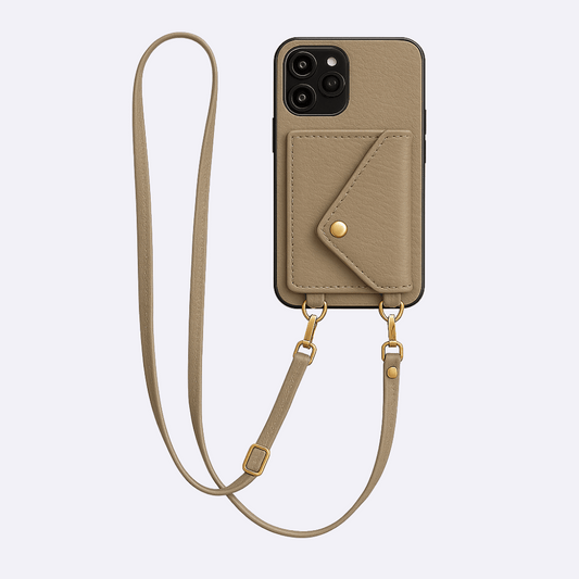 Brown Leather Wallet Phone Case + Card Holder & Crossbody Strap