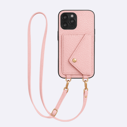 Pink Leather Wallet Phone Case + Card Holder & Crossbody Strap