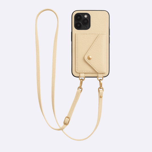 Beige Leather Wallet Phone Case + Card Holder & Crossbody Strap