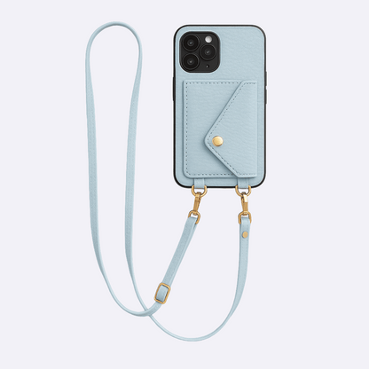 Blue Leather Wallet Phone Case + Card Holder & Crossbody Strap